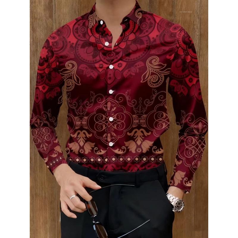 Мужская новая ретро рубашка с узором из цветов-тотемов, легкая роскошь, business casual, с длинным рукавом, топ с переплетением в барочном стиле, красно-коричневый