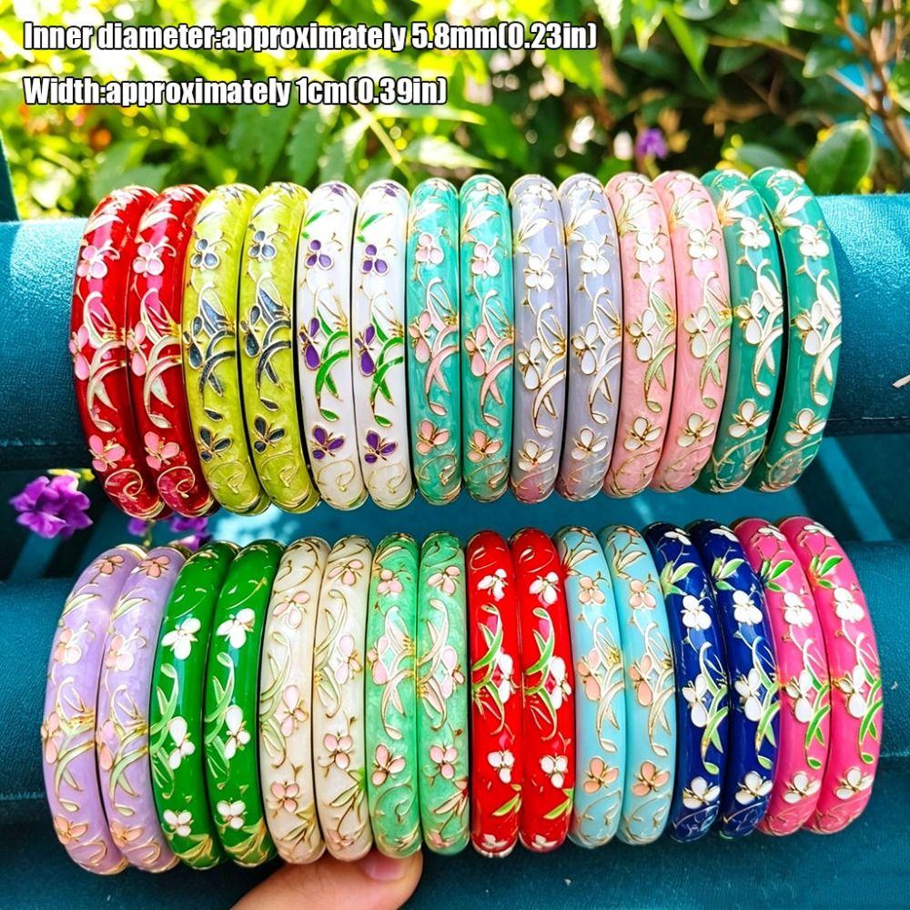 1cm Enamel Bangle Floral Pattern Colorful Enamel Bangle Retro Enamel Bracelet Ethnic Jewelry