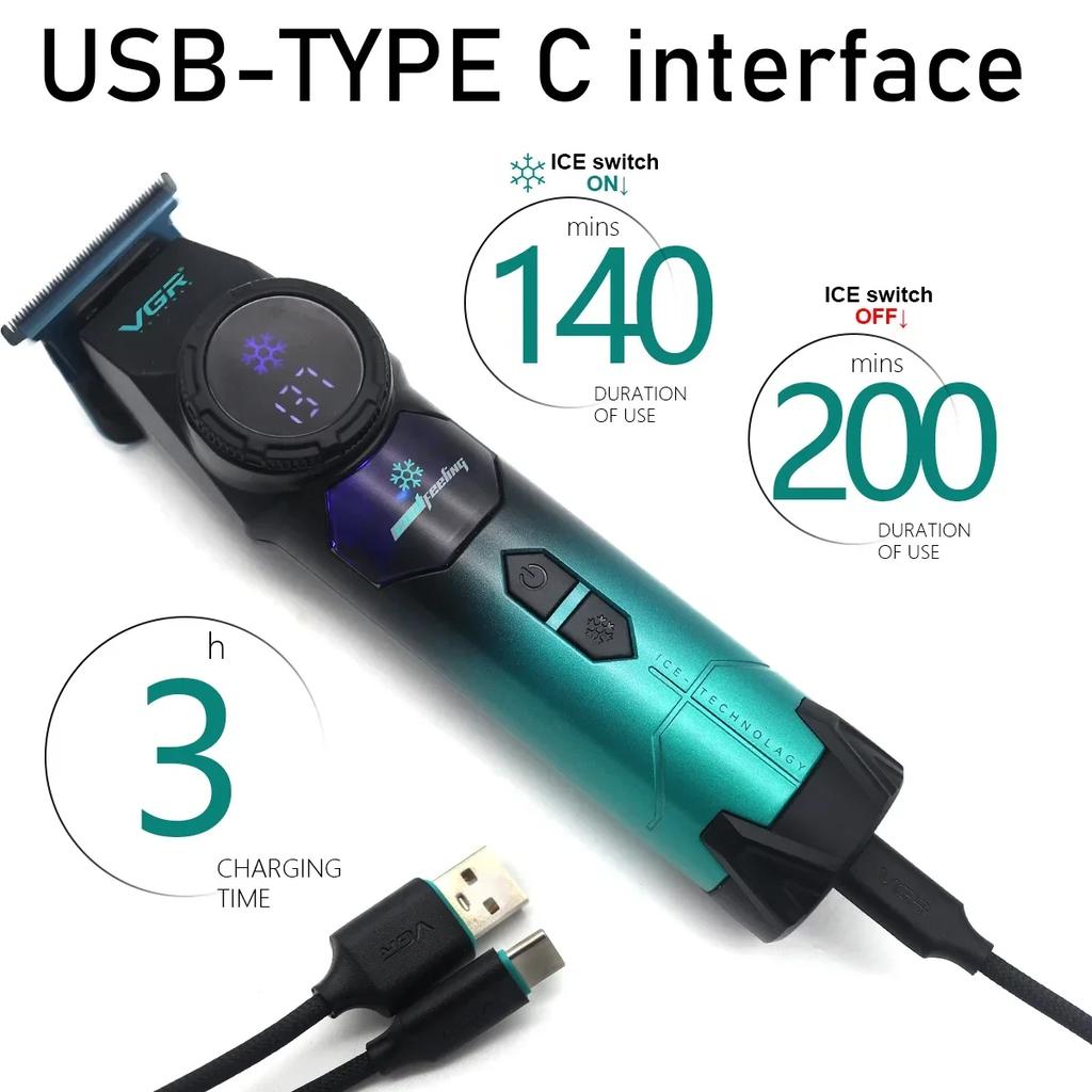 VGR Бесколлекторный двигатель с технологией Ice 8000 об/мин Металлический корпус Профессиональный триммер для волос для парикмахера Машинка для стрижки волос Машинка для стрижки с масляной головкой V-946 с ЖК-дисплеем