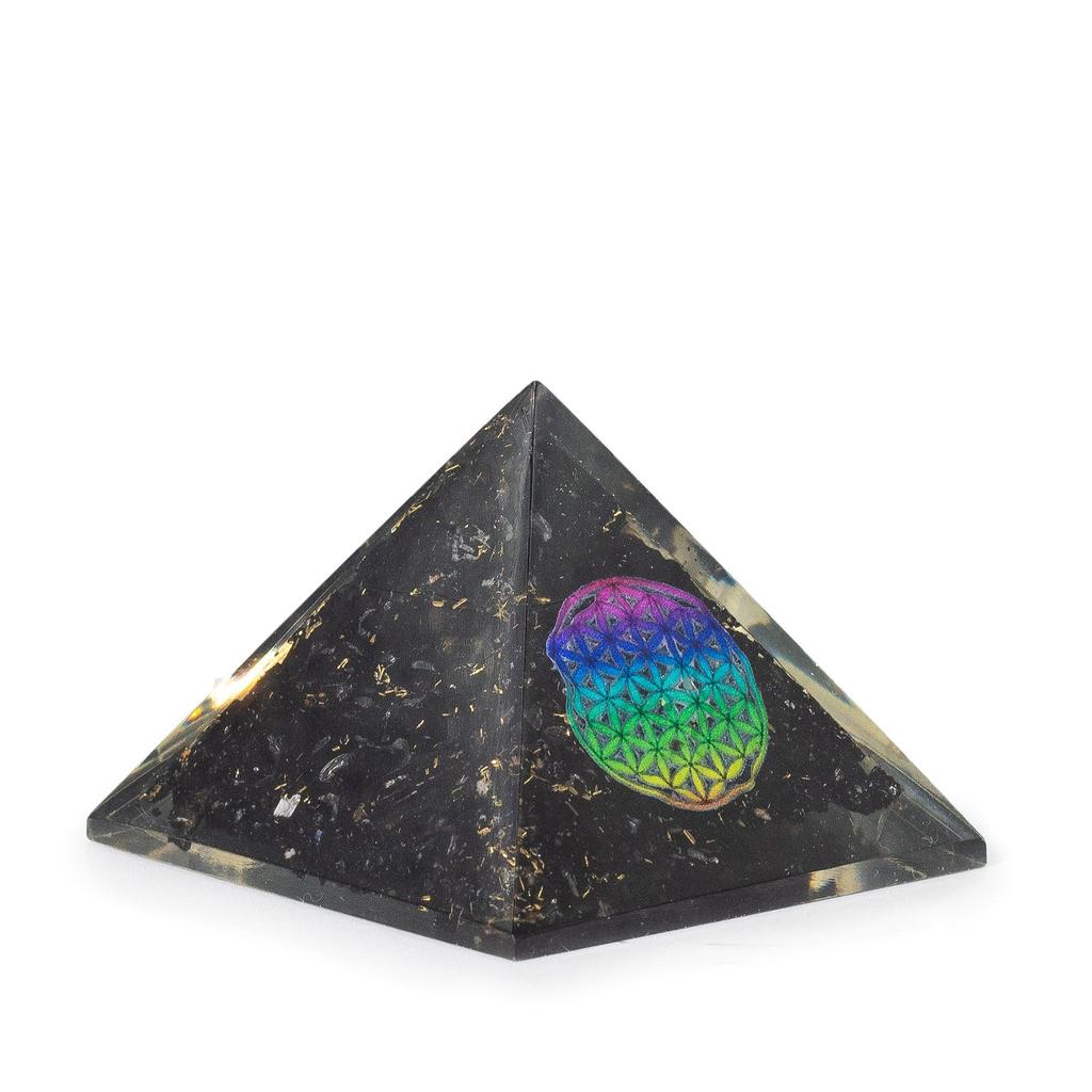 Small Orgonite Pyramids 5.5x4.5cm – Flower of Life – Black Tourmaline Chips