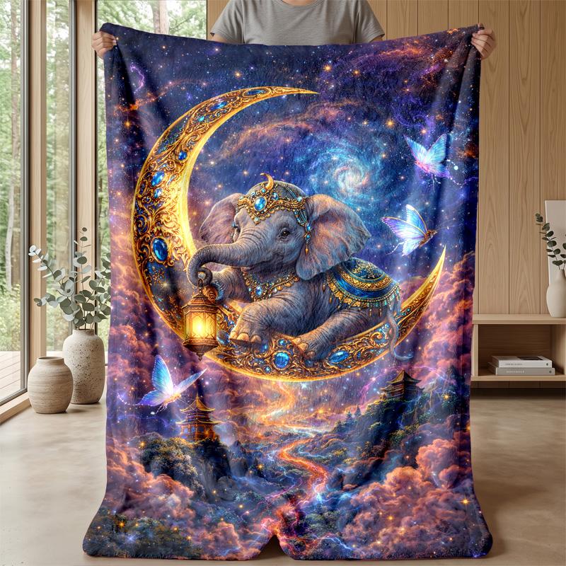 Elephant in Van Gogh Style Night Theme blanket Lightweight Warm Flannel Blanket Decorative Throw Blanket for Home Decoration