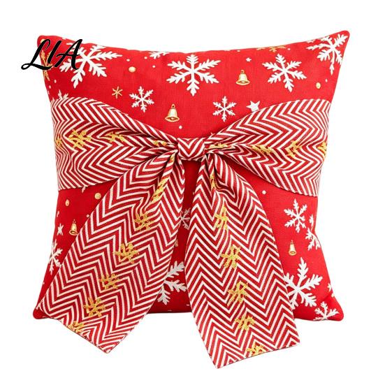 Holiday Home Decor Accessories Christmas Throw Pillow Cover, Cushion Cover with 3D Bow, Snowflake Print Sleeves Seasonal Farmhouse Case for