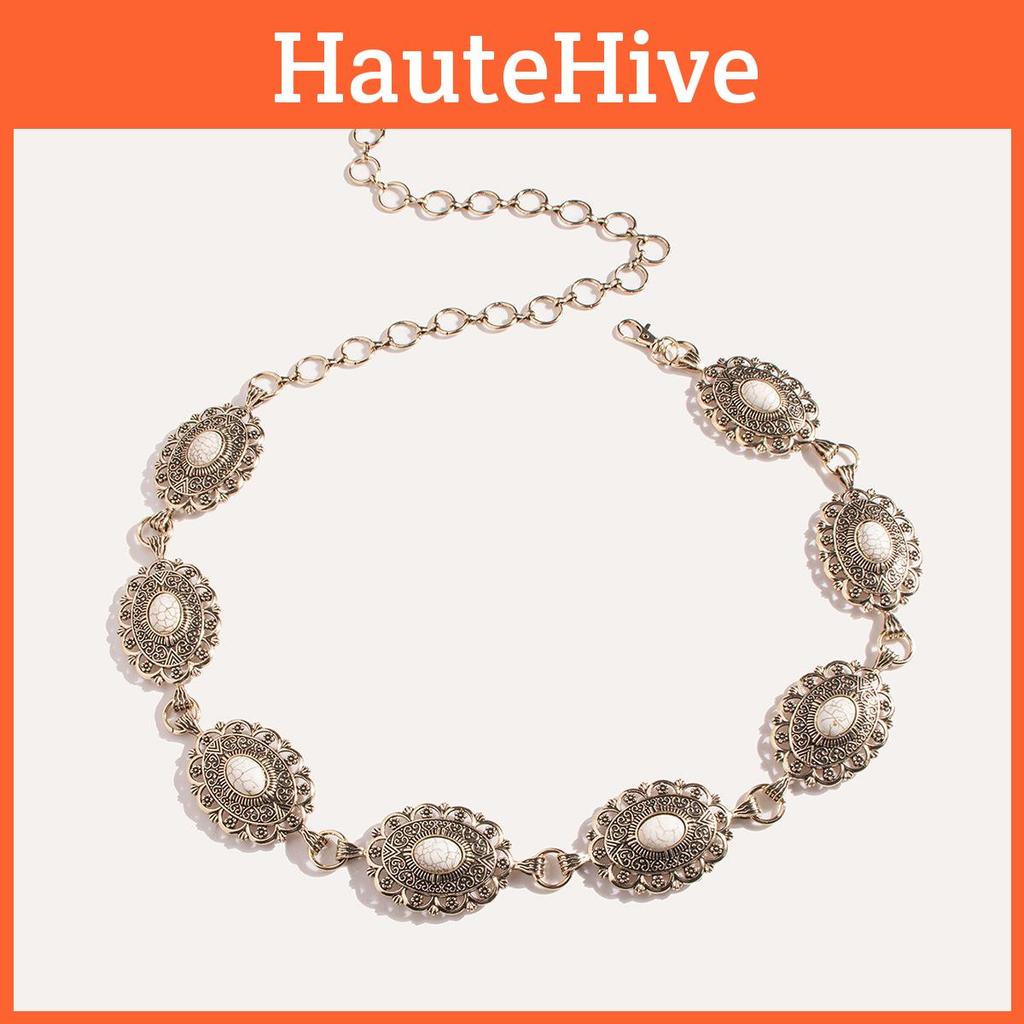 Изысканный металлический пояс с подвеской из имитации белой бирюзы для женских вечерних и праздничных платьев