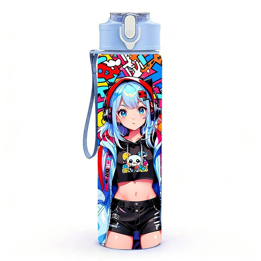 1PC Futuristic Cyber Girl Anime Character Art 750ml Color Plastic Sports Water Bottle Leakproof Flip Straw Lid Suitable for Sports Office Home Use