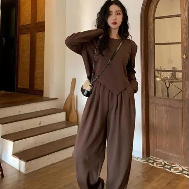 Однотонный пуловер нестандартной формы, комплект из двух предметов, женский осенне-зимний повседневный топ с длинными рукавами, широкий брючный костюм