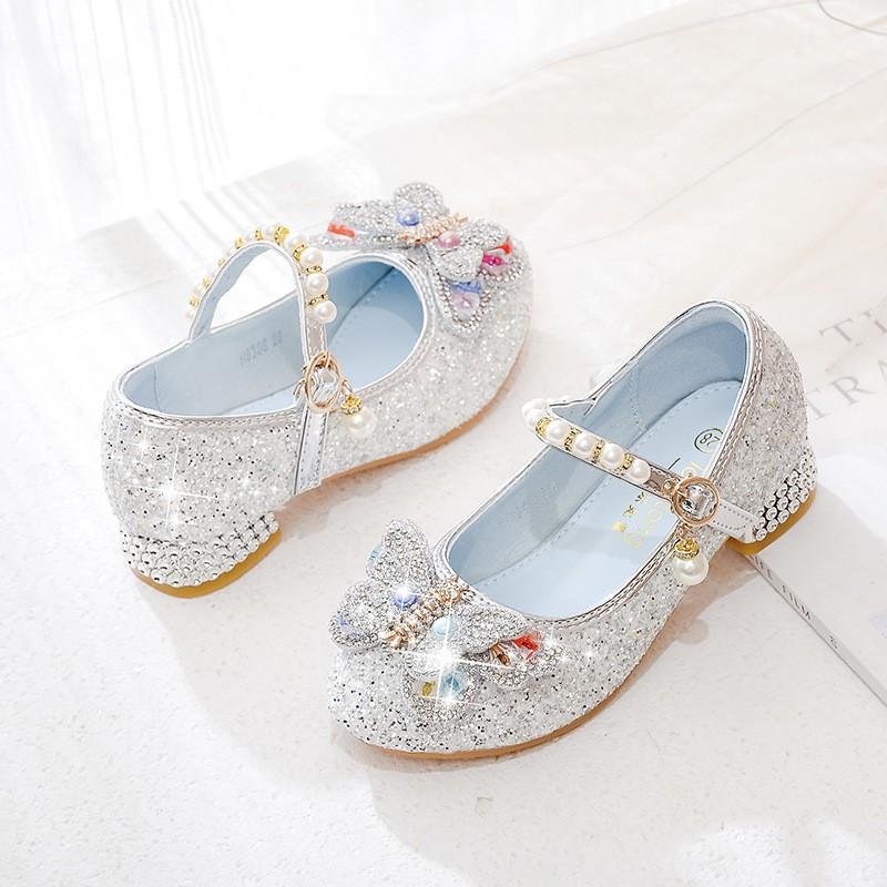 Girls Princess Dress Shoes Kids Ballet Flat Glitter Butterfly Crystal Low Top Hook Loop