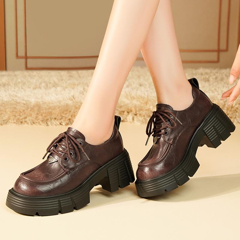 Кожаные туфли на плоской подошве для женщин Huizhou, виноградные, такие же, маленькие кожаные туфли, черные, со шнуровкой, осенне-зимние, новые туфли на платформе