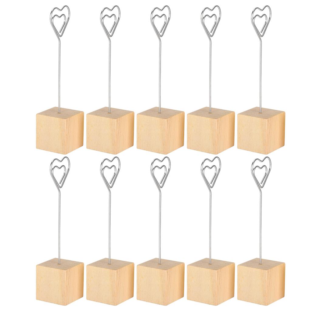 10Pcs Photo Holder Note Message Card Picture Metal Clip Stand Solid Wood Base Craft