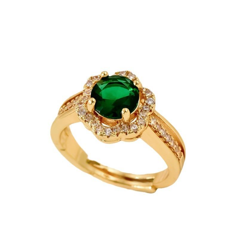 Ins Japanese and Korean Niche Versatile Plain Ring Ring Women's Inlaid Emerald Zircon Ring Simple Fashion Index Finger Ring