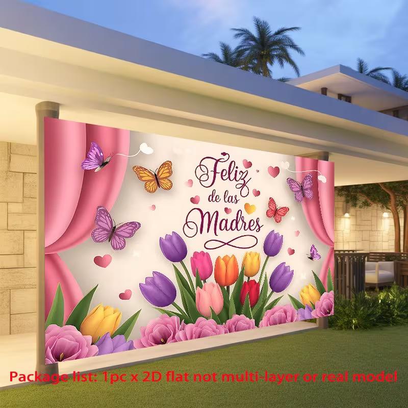 2D Pink Curtain & Tulip Feliz de las Madres Photo Booth Background