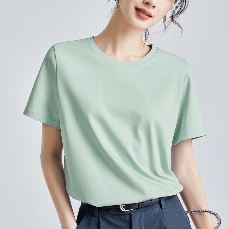 Mercerized Cotton T-shirt Women's High-quality New Loose and Thin Outer Wear Round Neck Liquid Ammonia Short-sleeved T-shirt Bottoming Shirt
