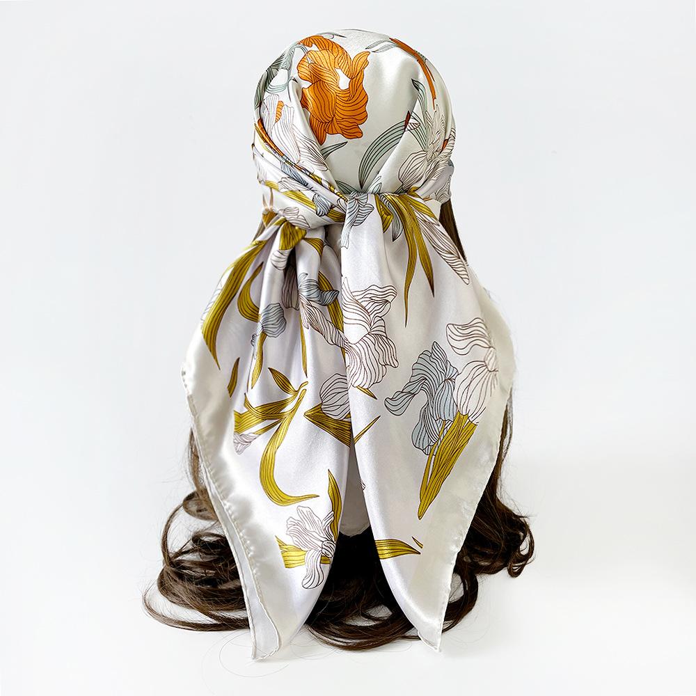 90cm Satin Printed Headscarf, Classic Floral Large Scarf, Women’s Shawl