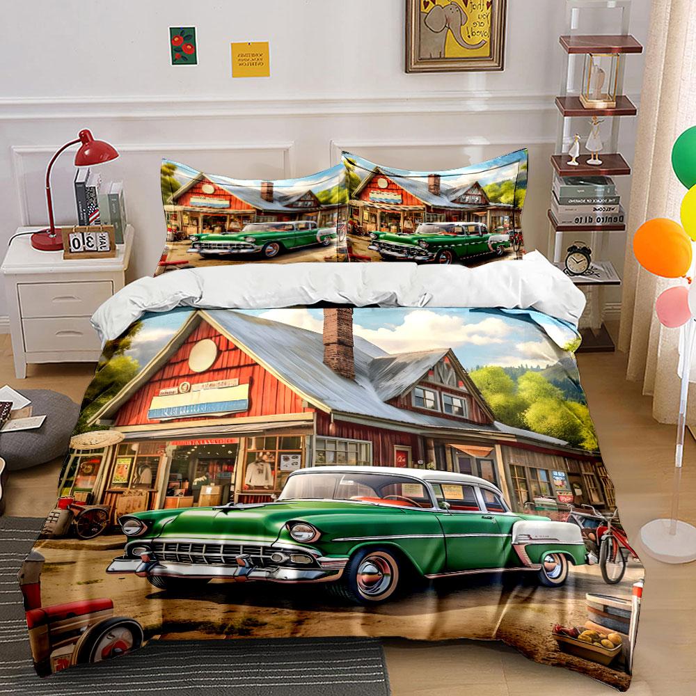 Classic vintage car by countryside store Print Bedding Set 1 Duvet Cover 2 Pillowcases for Adult and Children Luxury Gift
