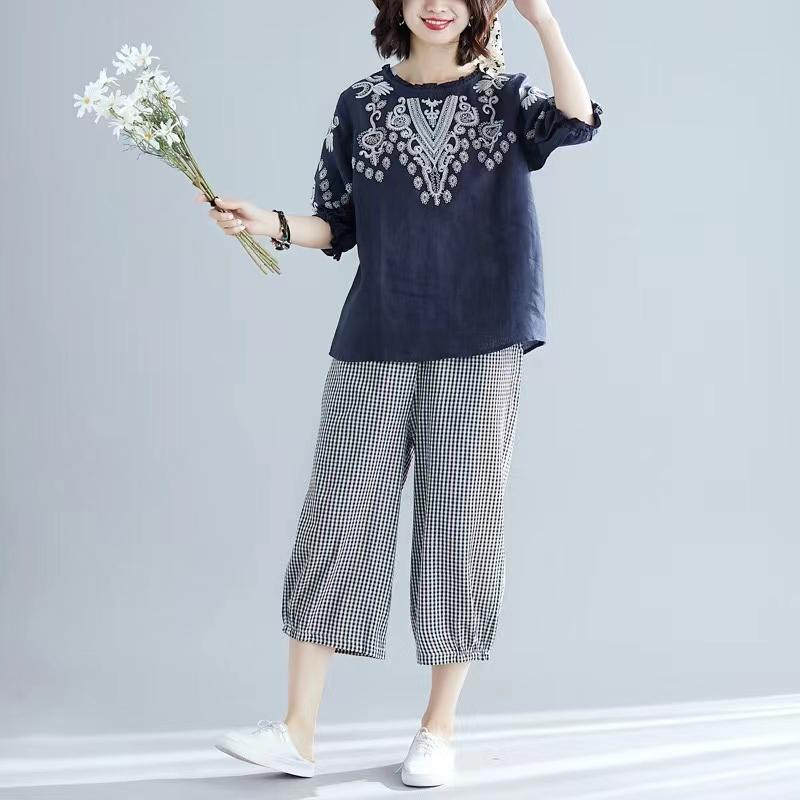 Весенние топы с длинными рукавами и оборками, женская винтажная блузка с вышивкой, повседневная хлопково-льняная рубашка с круглым вырезом, Blusas Femininas Mujer