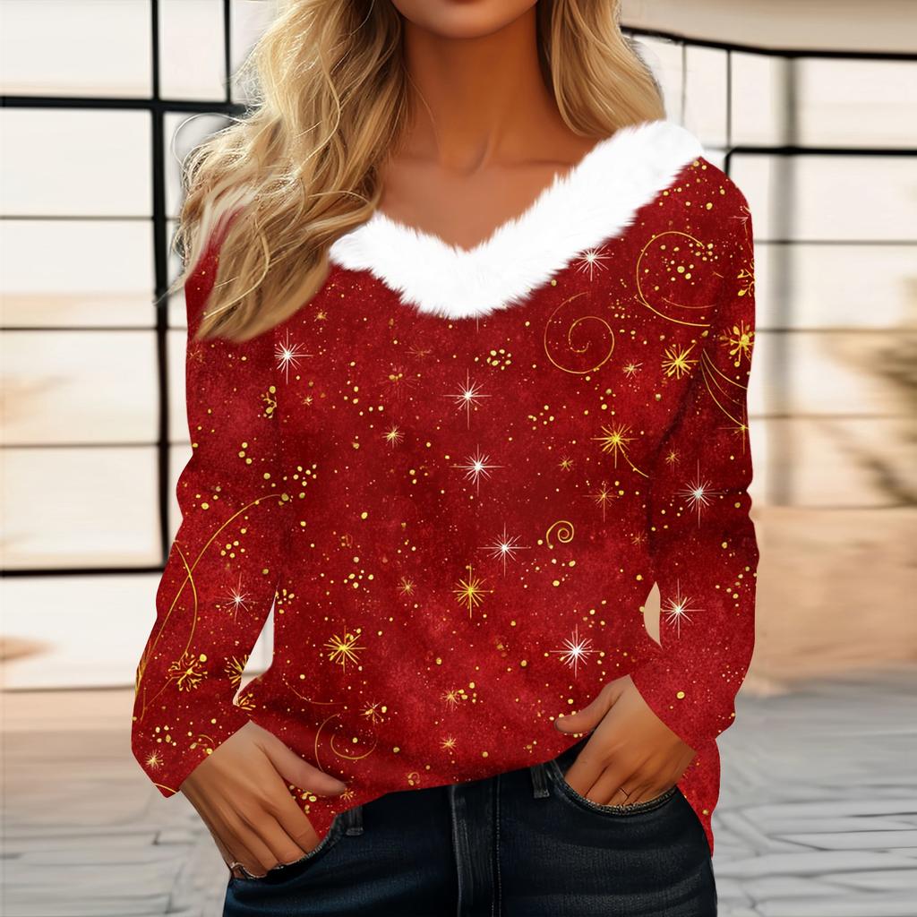 Женская футболка с рождественским принтом, вечерние рубашки с длинным рукавом, рождественский флисовый воротник, топ с v-образным вырезом