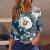 Женская модная повседневная футболка с v-образным вырезом и декоративными пуговицами, рукавом три четверти, с цветочным принтом, топ