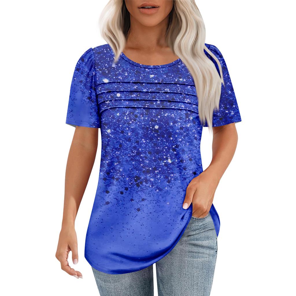 Ladies' Fashionable Printed Round Neck Pleated Short Sleeved Shirt