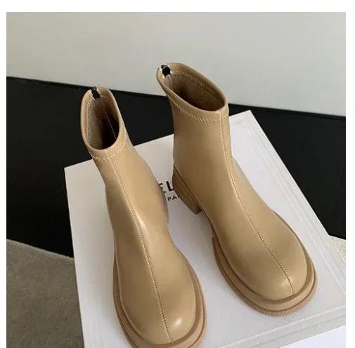 Узкие ботинки женские ботильоны черные осень-зима 2024 сапоги с круглым носком сапоги на платформе сапоги на блочном каблуке эластичные сапоги