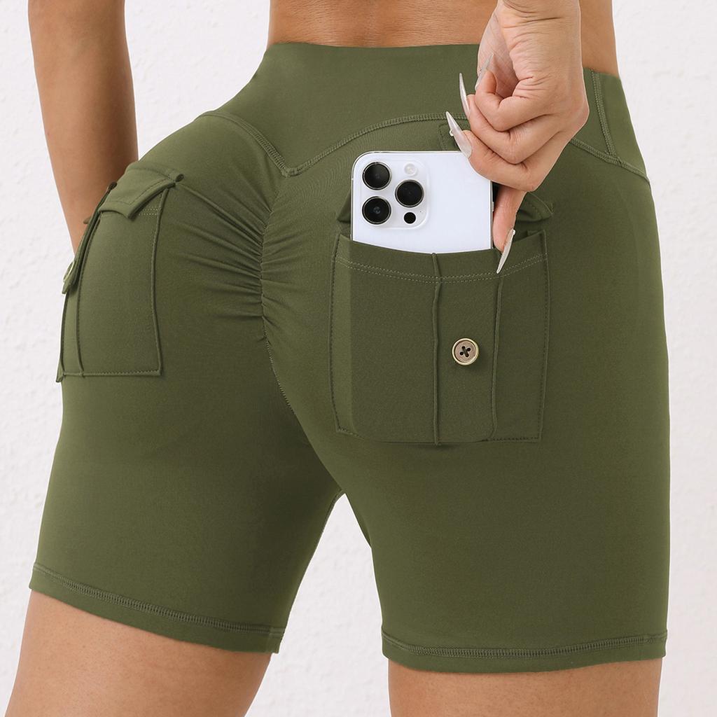 Женские бесшовные шорты для йоги с задним карманом, подтягивающие ягодицы и рюши, велосипедные колготки для тренировок, шорты для спортзала