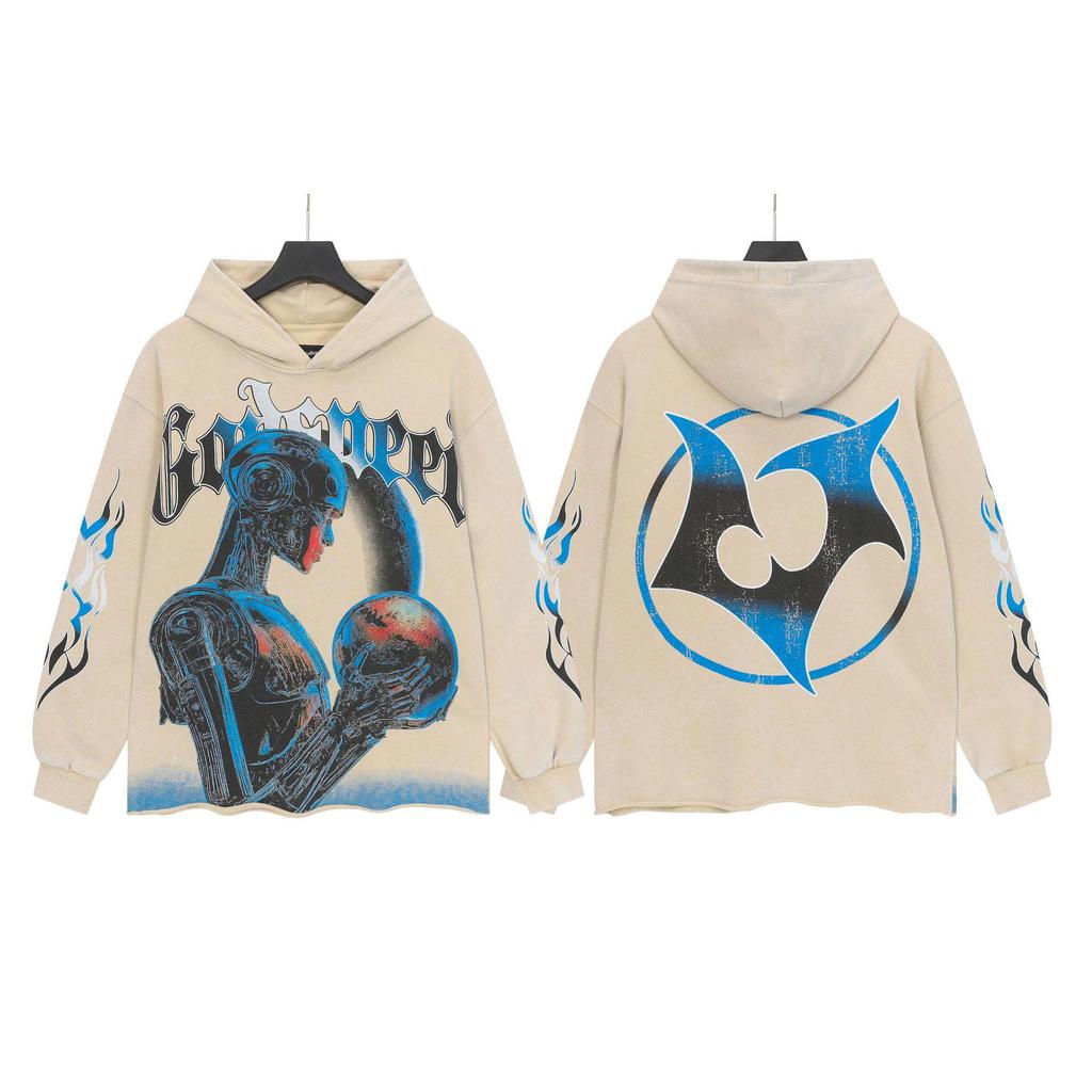 Худи с ретро-принтом 'God Bless America' в стиле рок-стрит, стиранное, повседневное, свободного кроя