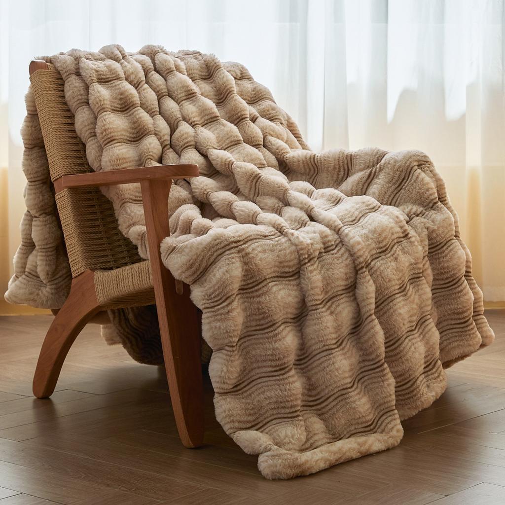 Luxury Wave-Textured Thick Faux Fur Blanket Double Layer Plush Warm Winter Blankets for Bed Fluffy Rabbit Fur Sofa Throw Blanket