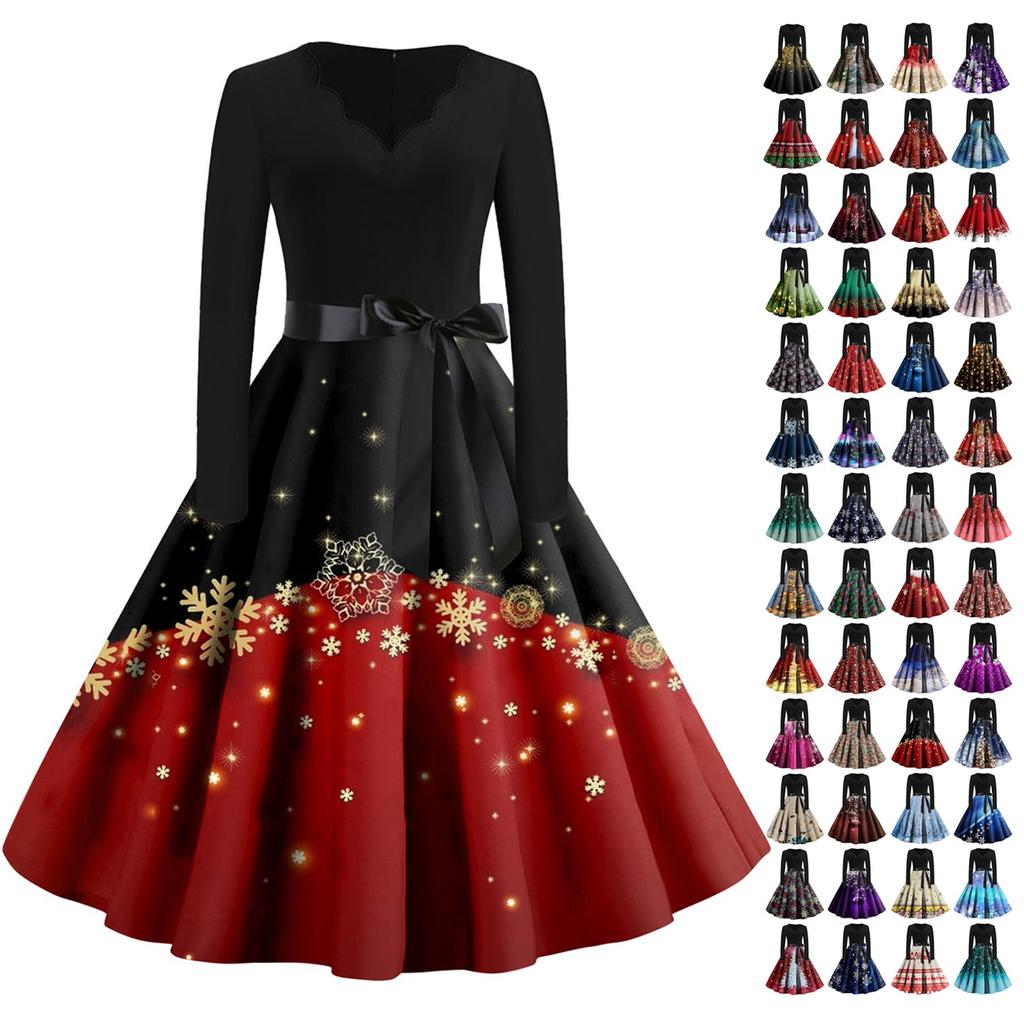 Женские повседневные модные винтажные длинные платья с длинным рукавом с рождественским принтом