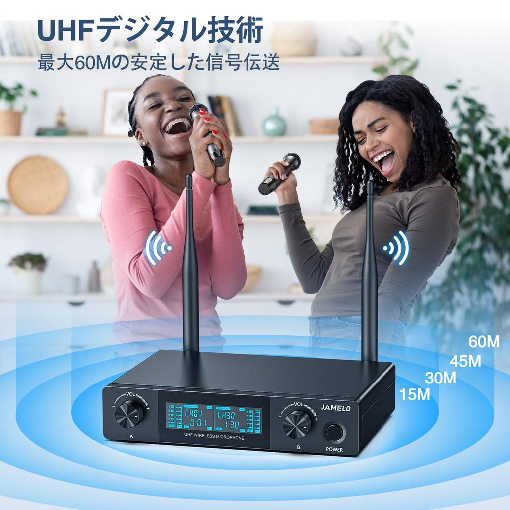Беспроводной микрофон JAMELO, металлический двойной динамический микрофон UHF, беспроводная ручная микрофонная система с аудиокабелем 60 м 6,35 мм (Диапазон УВЧ)
