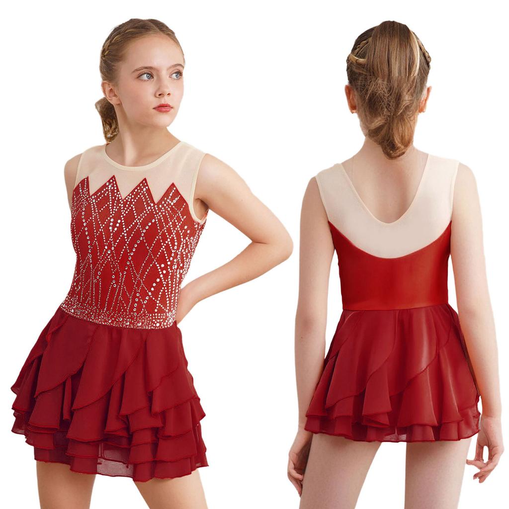 Kids Girls Rhythm Gymnastics Ballet Skirted Leotards Dresses Shiny Rhinestones Figure Skating Lyrical Dance Performance Costume