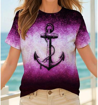 Футболка большого размера для женщин с рисунком якоря, футболки, летние повседневные топы с коротким рукавом, футболки с круглым вырезом, женская одежда, пуловер