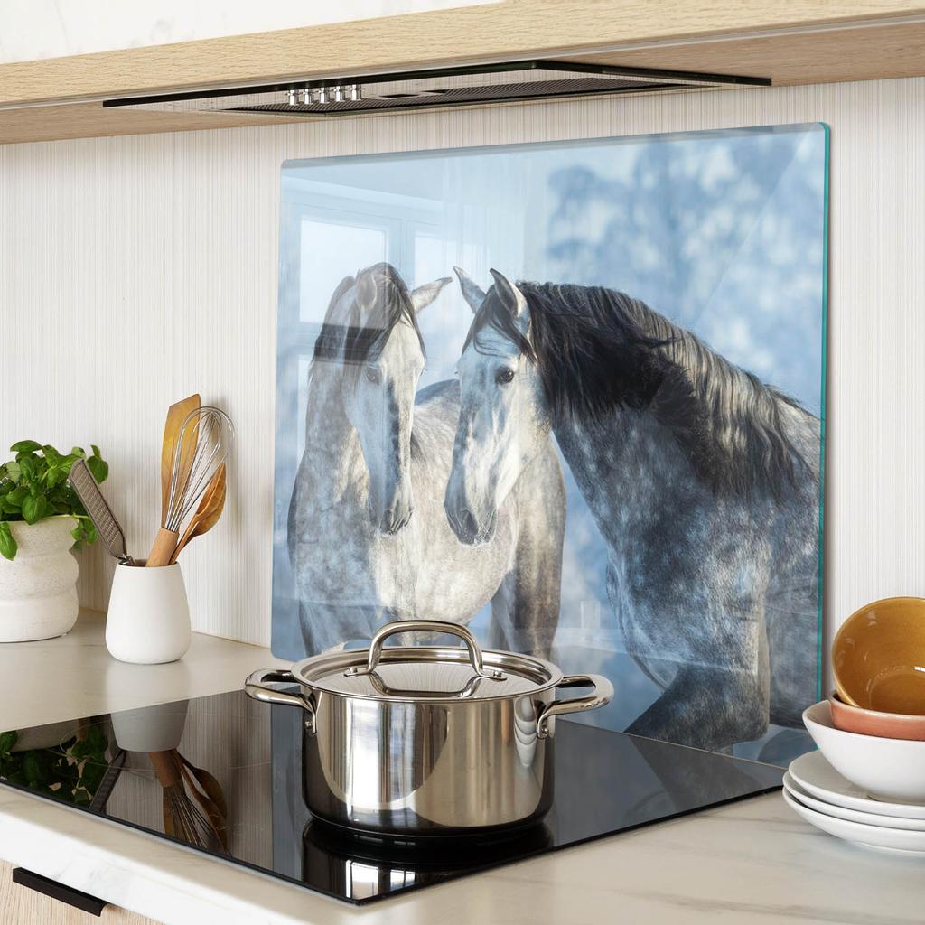 Glass Kitchen Serving Board with Graphics Gray Horses Winter 60x52 cm