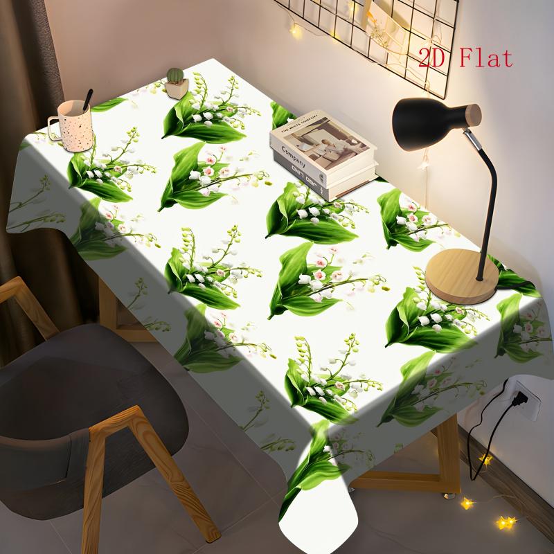 2D Flat 1pc - Elegant Floral Tablecloth - Green Leaves And Lily of The Valley Style, Durable Polyester Fabric Table Cover, Suitable for Kitchen, Weddi