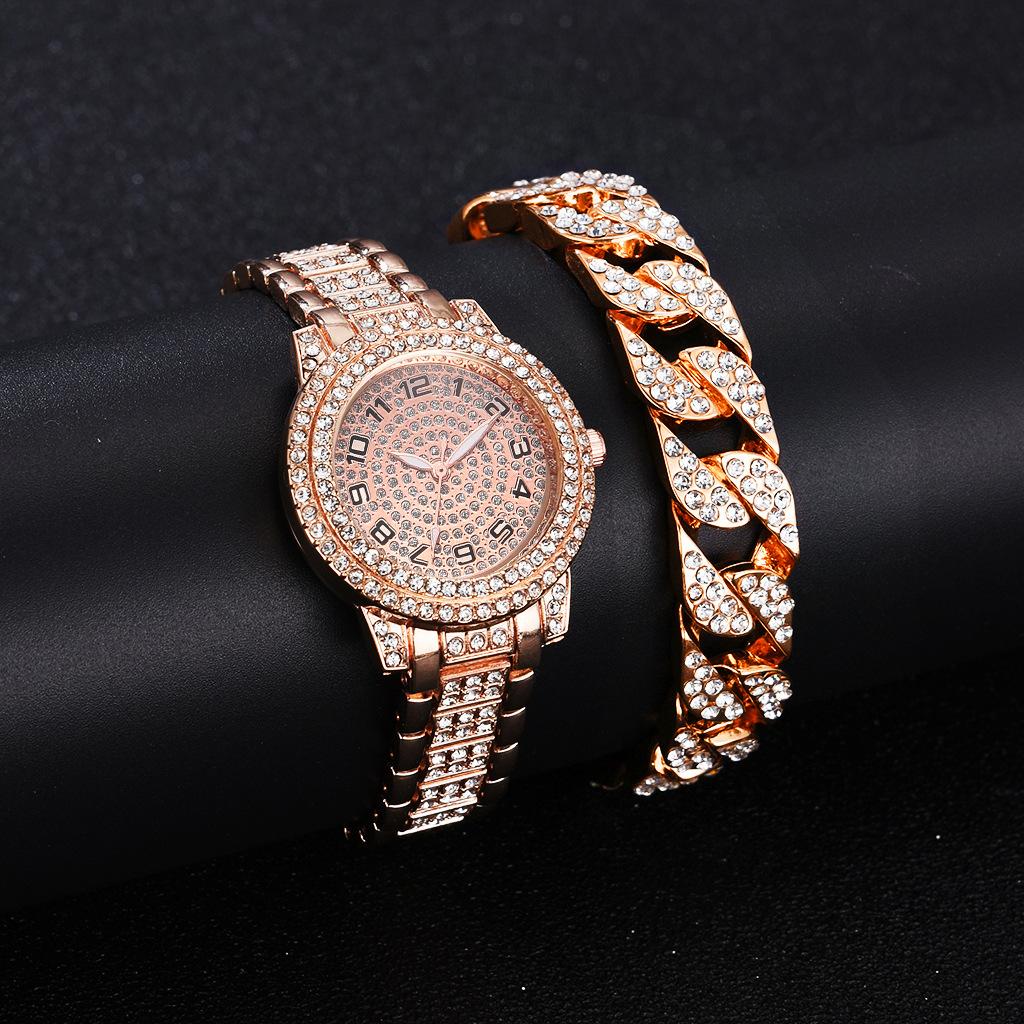 Full Diamond Roman Literary Steel Belt Watch Female Gypsy Temperament Business Quartz Watch Hip Hop Wind Full Diamond Bracelet Set
