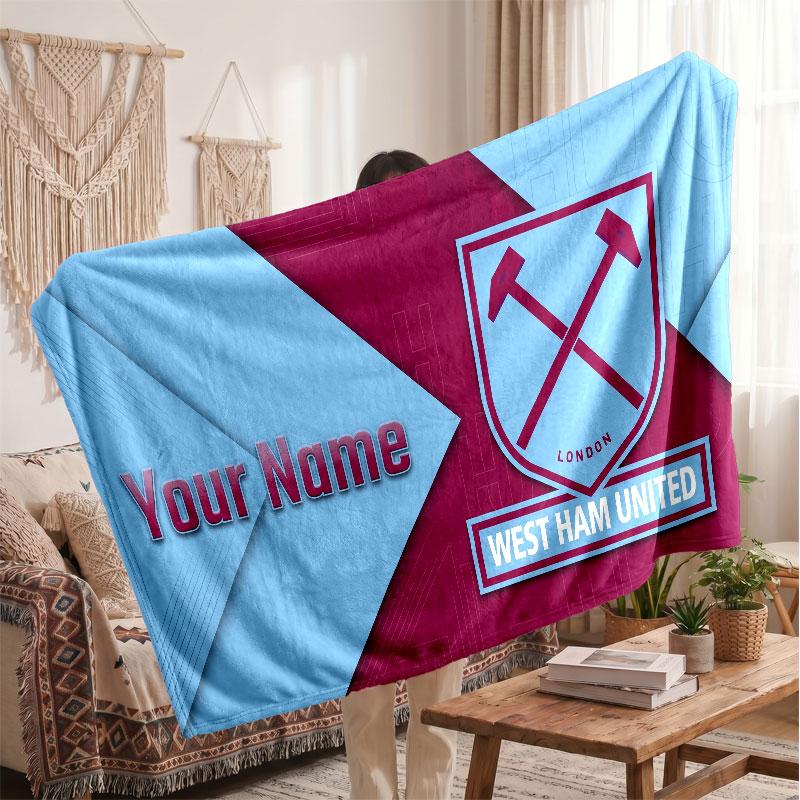 West Ham United football Personalized Fleece Blanket With Football Logo, Custom Name Text Soft Warm Home Throw Blanket