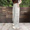 Women Cargo Pants Elastic High Waist Adjustable Drawstring Long Trousers Solid Color Wide Leg Multi Pockets