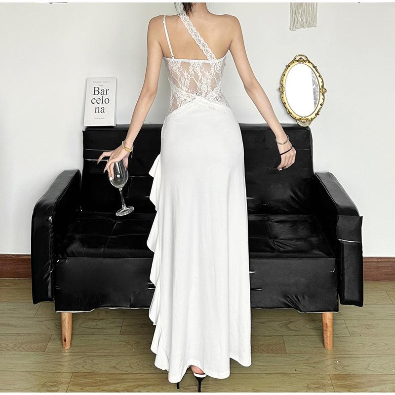 Сексуальное платье-слинг с косым воротником, женское кружевное лоскутное платье с открытой спиной и рукавами, облегающее длинное платье 2025 года, новое женское вечернее платье с оборками и разрезом