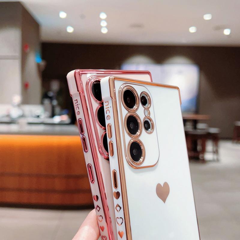 Solid Color Love Heart Print Slim Case For Samsung Galaxy S25 Ultra S24 FE S23 S22 S21 A16 A55 A15 A35 A25 A14 Plating TPU Soft Shockproof Phone Cover