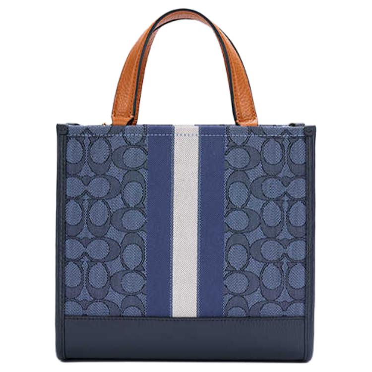 Coach Dempsey 22 Monogram Stripe Logo Accent Fabric And Leather Tote Bag Women Tote Bags Denim-Blue Hazelnut CQ878-IMXCY
