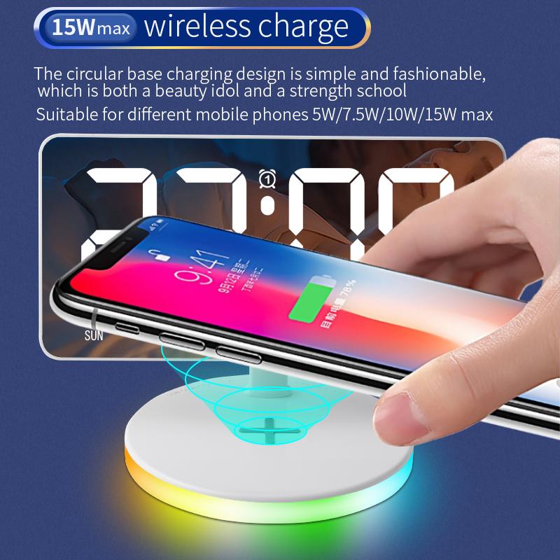 7 Inch Large Display LED Clock with 2 Alarm and Adjustable Brightness Bedside Wireless Charging Alarm Clock for Desktop