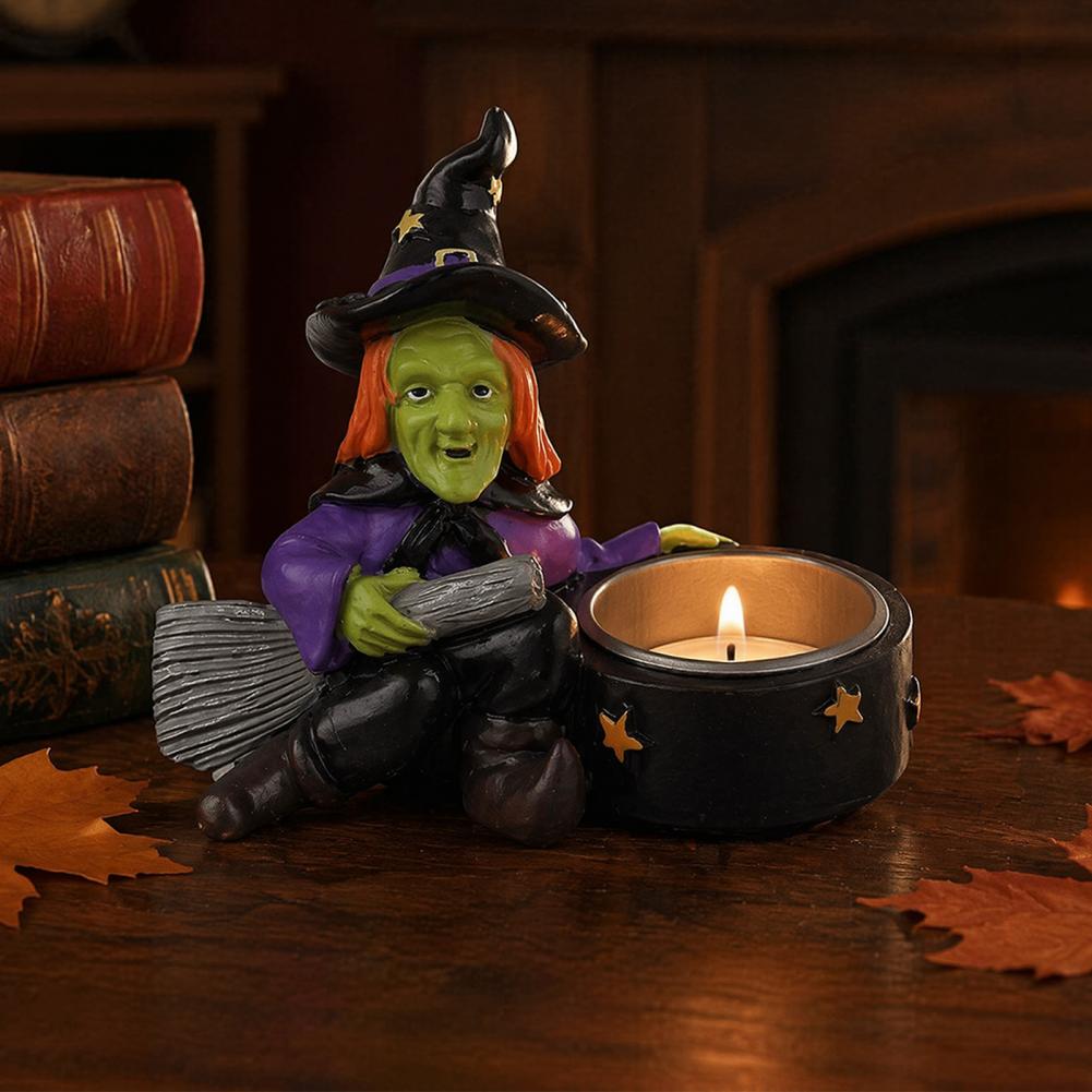 Detailed Skeleton Broom Decoration Halloween Witch Skull Resin Candle Holder Spooky Star Tealight Stand with Metal for Haunted