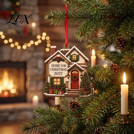 Decorative Wooden Holiday Crafts Christmas House Ornament, 2D Castle Car Hanging Decor with Party Decorations Red String, Rustic Tree Pendant,