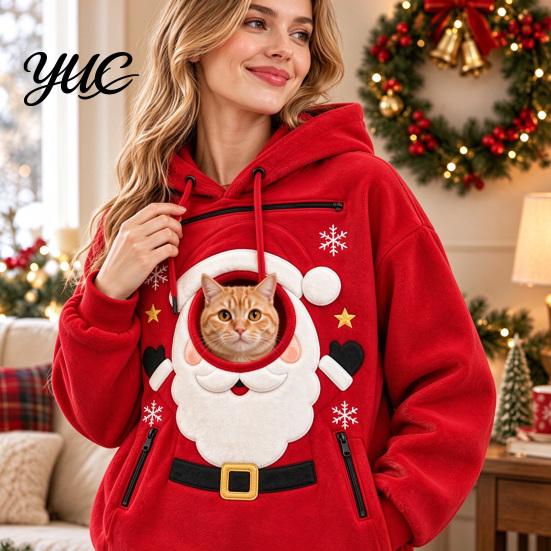 Cat Carrying Sweatshirt Unisex Pet Pouch Christmas Hoodie, Cute Dog Carrier Hooded with Cozy Fleece Pocket Graphic, Lined Animal Holder Pullover Top