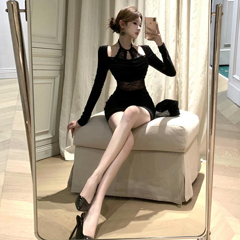 Women's Spice Girl Neck Lace Splicing Long Sleeve Velvet Dress