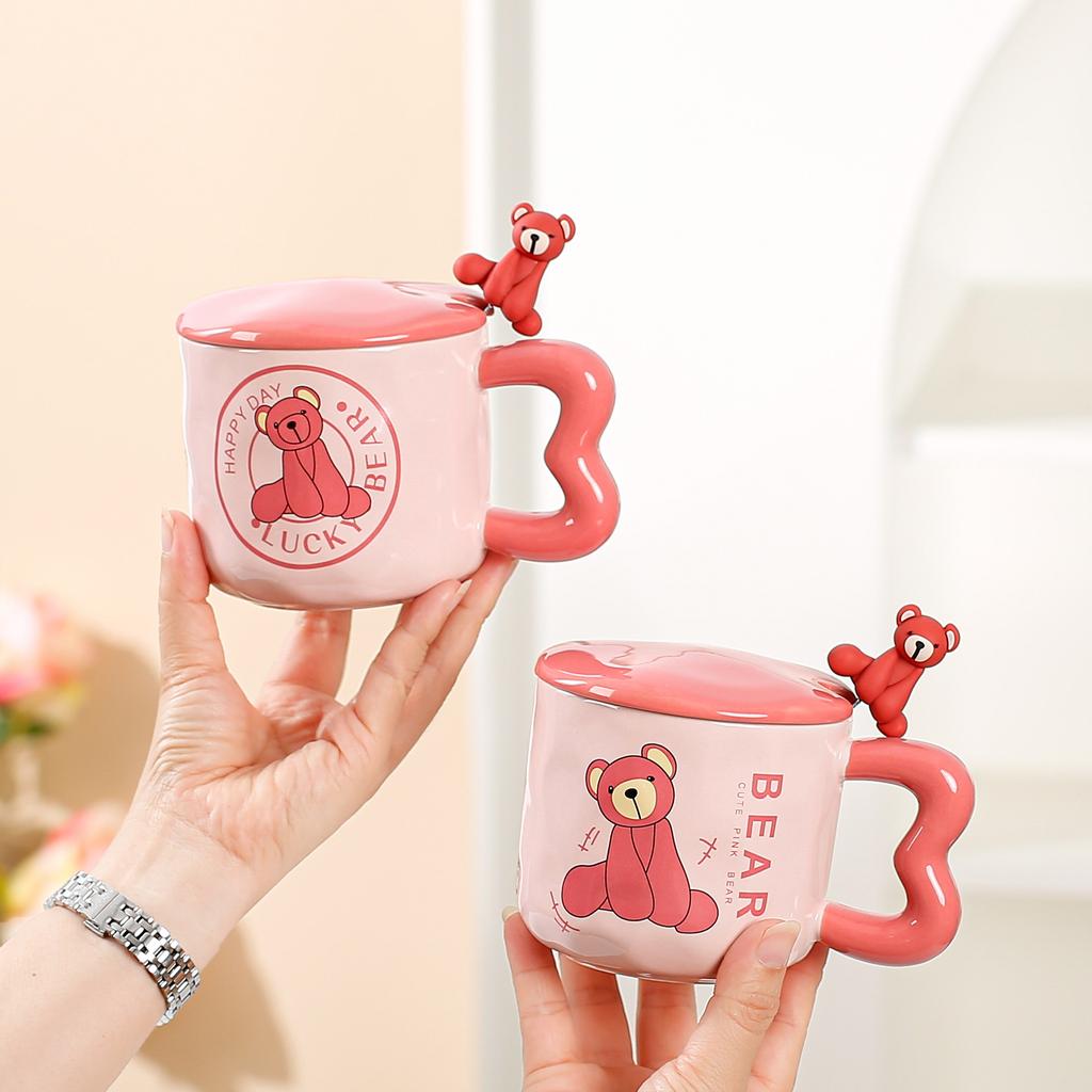 Cute Cartoon Ceramic Cup Powder Bear Mug with Lid Spoon High Looking Girl Drinking Water Cup for Home Use