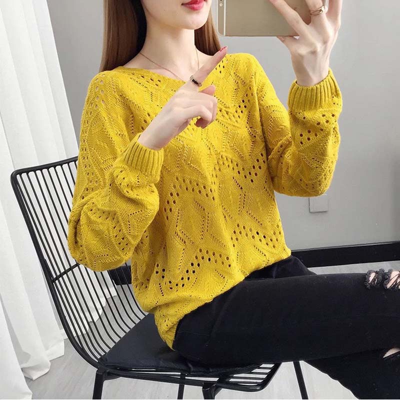Hollow Knit Sweater Thin Women's Loose Pullover Sweet Outer Bottomed Blouse College Girl Style Hand Knitting