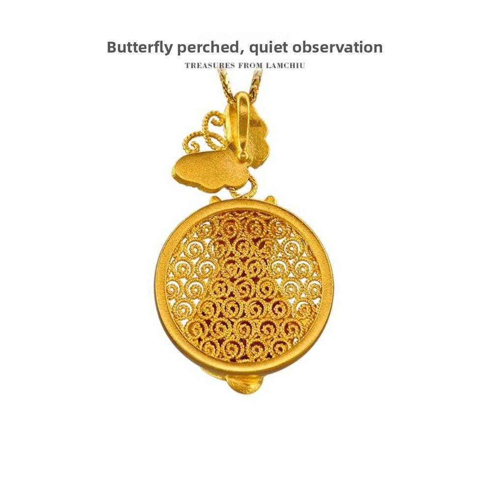 Vintage Cat Necklace for Women Hand Drawn Ancient Gold Craft with Micro Diamond Inlaid Butterfly Pendant