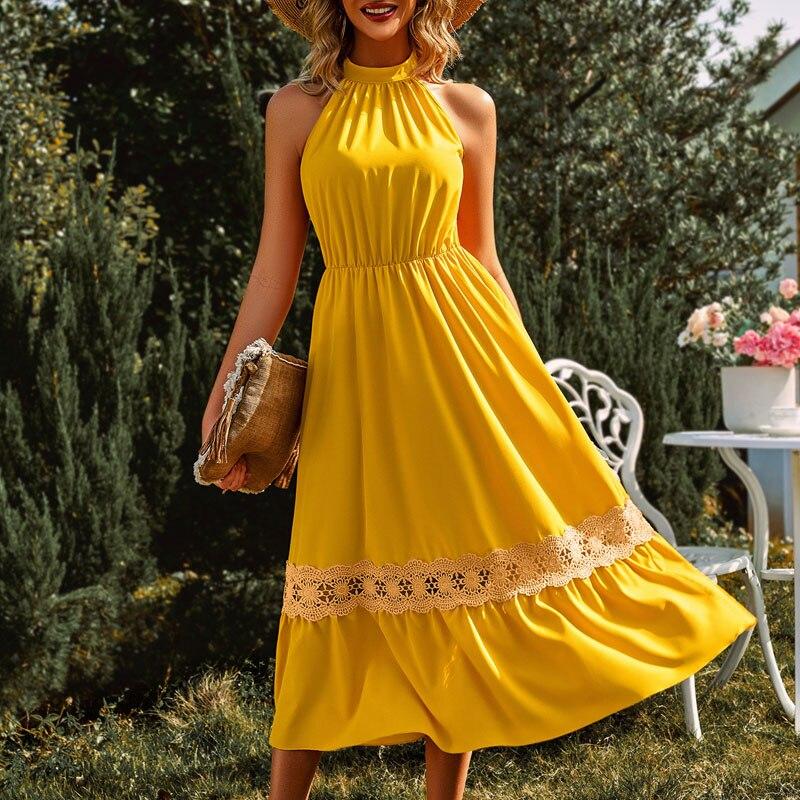 Летнее милое свободное однотонное длинное платье А-силуэта повседневное элегантное женское платье модное платье без рукавов с лямкой через шею в стиле пэчворк с кружевом 25305