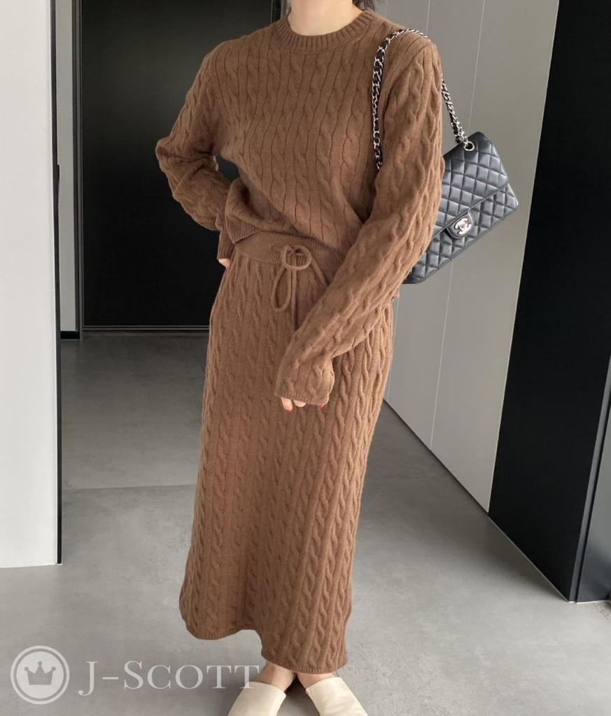 Женский трикотажный костюм-двойка J-Scott с арановым узором и длинной юбкой, силуэт I, коричневый (JS117-BR-XL) - Ограниченный запас