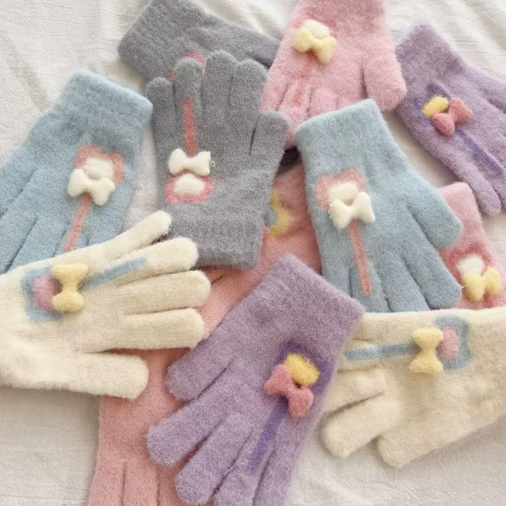Children's Gloves Autumn and Winter Warm Love Lollipop Five Finger Gloves for Girls with Velvet and Thickening