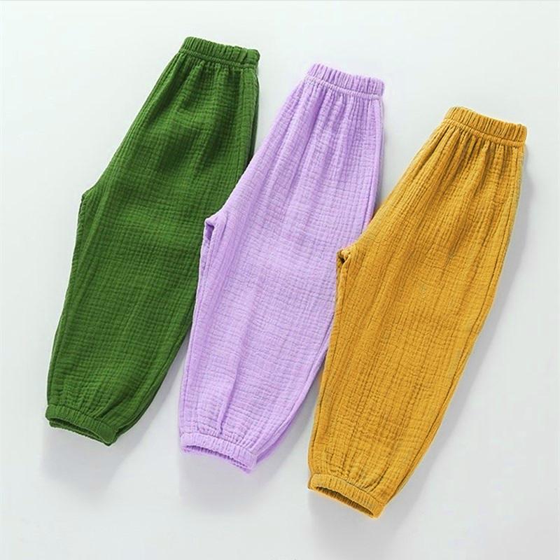 Летние брюки для девочек и мальчиков, корейские детские однотонные свободные шаровары из хлопка и льна, повседневные детские плиссированные брюки с высокой талией для девочек