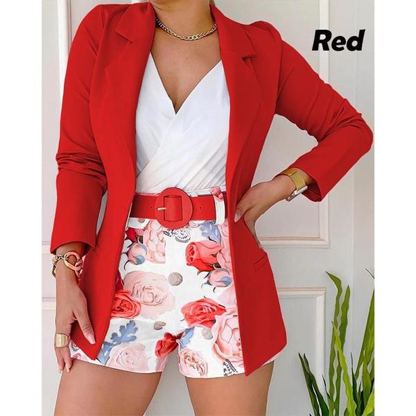 Женский костюм с длинными рукавами + шорты, мягкие однотонные деловые офисные блейзеры, женская куртка + брюки с цветочным принтом + ремень, комплект из трех предметов